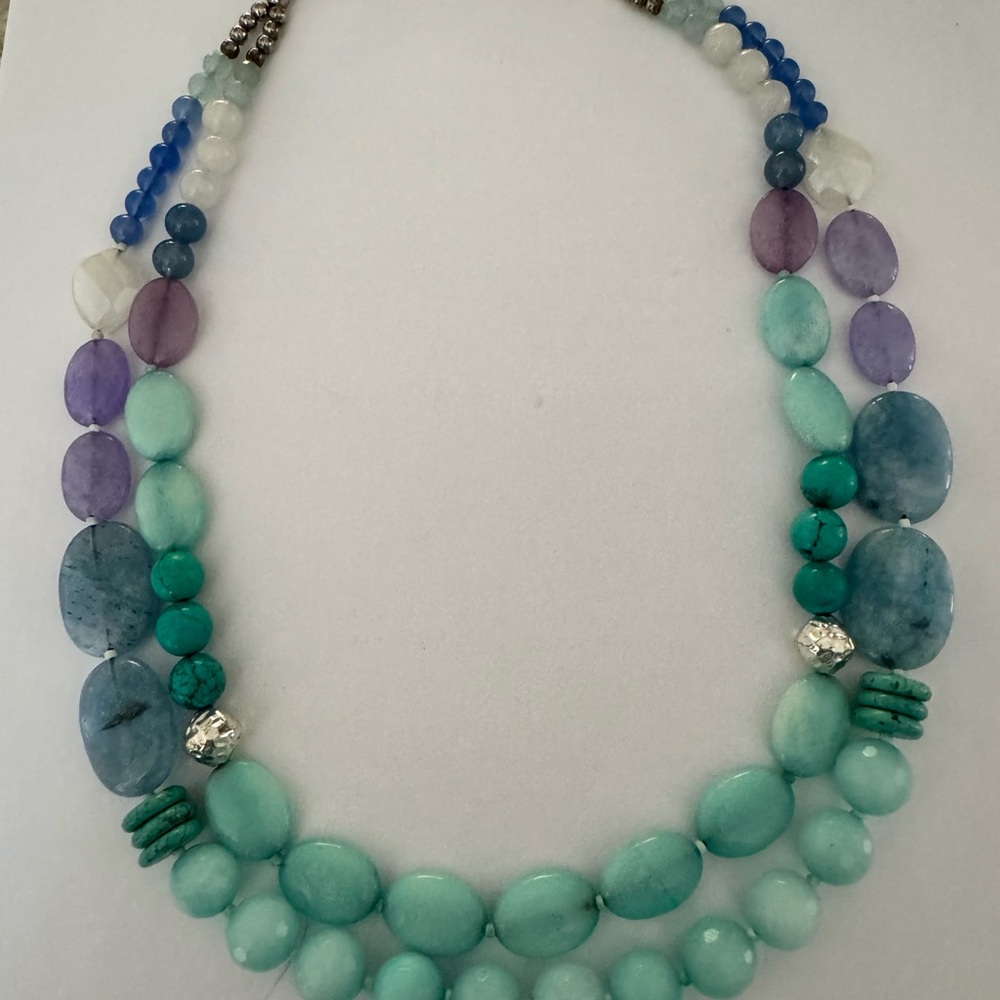 21” Double Strand Multicolor Beaded Necklace – Silver Tone Accents